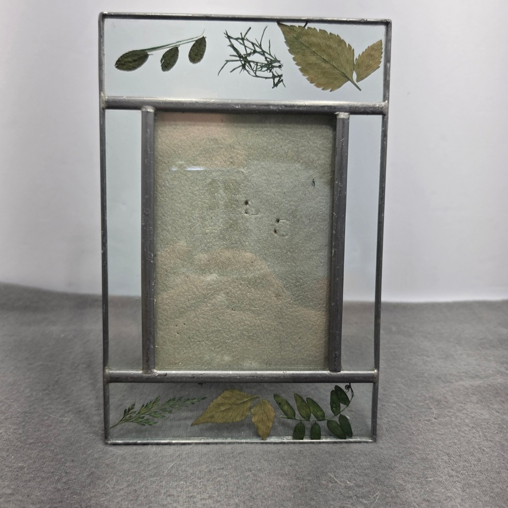Handcrafted Stained Glass Pressed Leaf Botanical Picture Frame 3.5x5 Silver